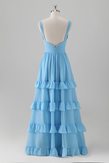 Blue Chiffon Tiered Ruffles Backless Bridesmaid Dress